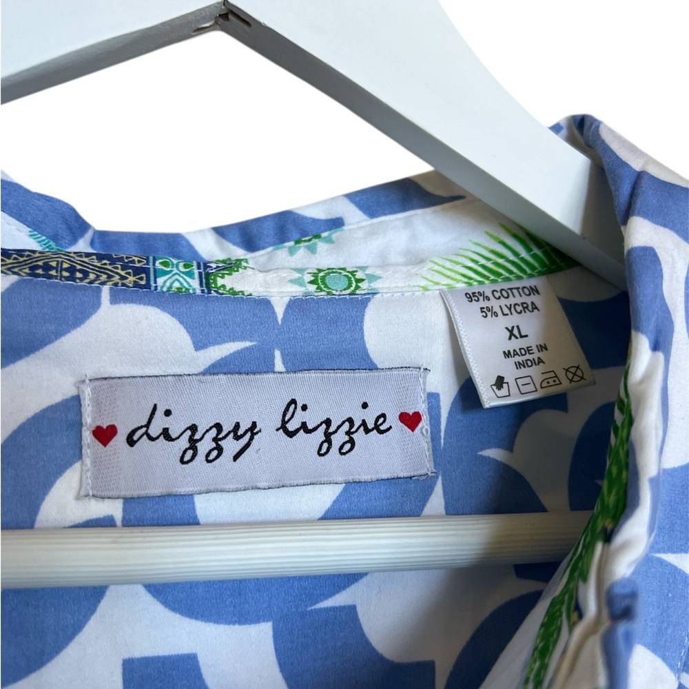 DizzyLizzie Str Cotton Midi Shirt Dress Broken Circle Blue White Green Pocket XL - Picture 3 of 7